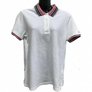 Izod Golf Polo Shirt White with Pink & Navy Stripes Cotton Stretch Pique